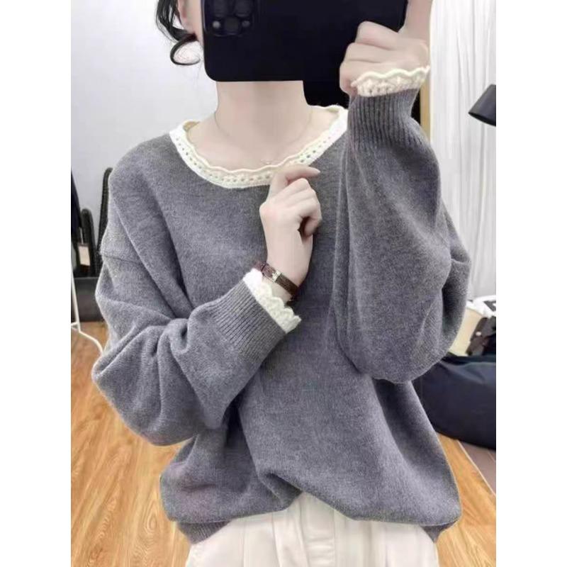 

Вязаный свитер с кружевным воротником, нежный ветер, женский, уменьшающий возраст, свободный топ, новый осенне-зимний свитер с круглым вырезом для основы