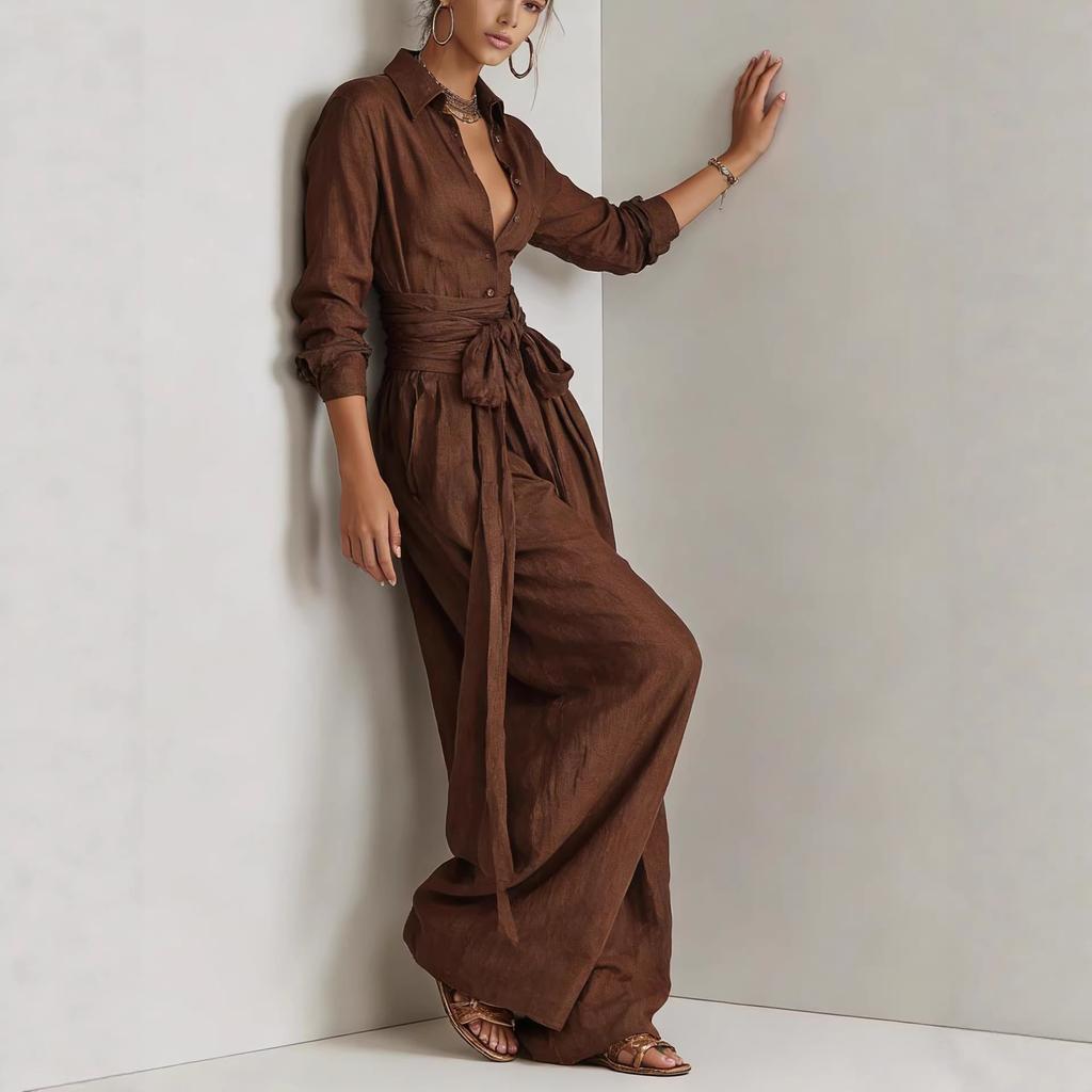 Traje de mujer de color liso con manga larga, cuello en V y pantalones de pierna ancha de cintura alta