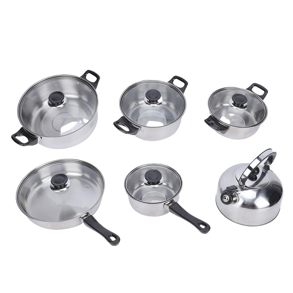 Cookware Set Stainless Steel Kitchen Pots and Pans Set with Tea Kettle Glass Lids for Cooking Frying Boiling Stewing
