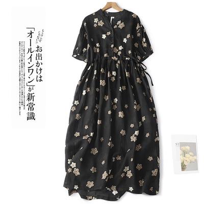 Summer New Retro Printed Medium Length Dress for Women