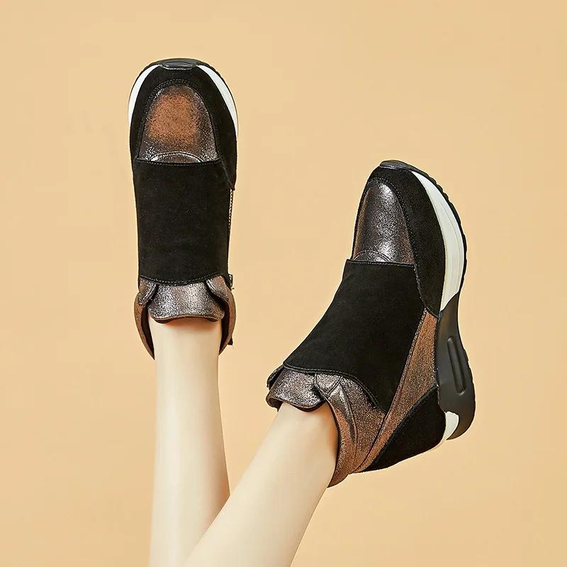 Fashion 6CM High Top Women Shoes Synthetic Leather Platform Ankle Boots Wedge Hidden Heel Autumn Warm Fur Winter Shoes Sneakers