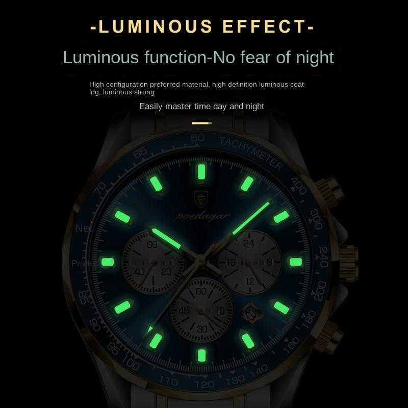 Topmarke Multifunktionale Herrenuhr Stahlband Leuchtend Quarz Kalenderuhr