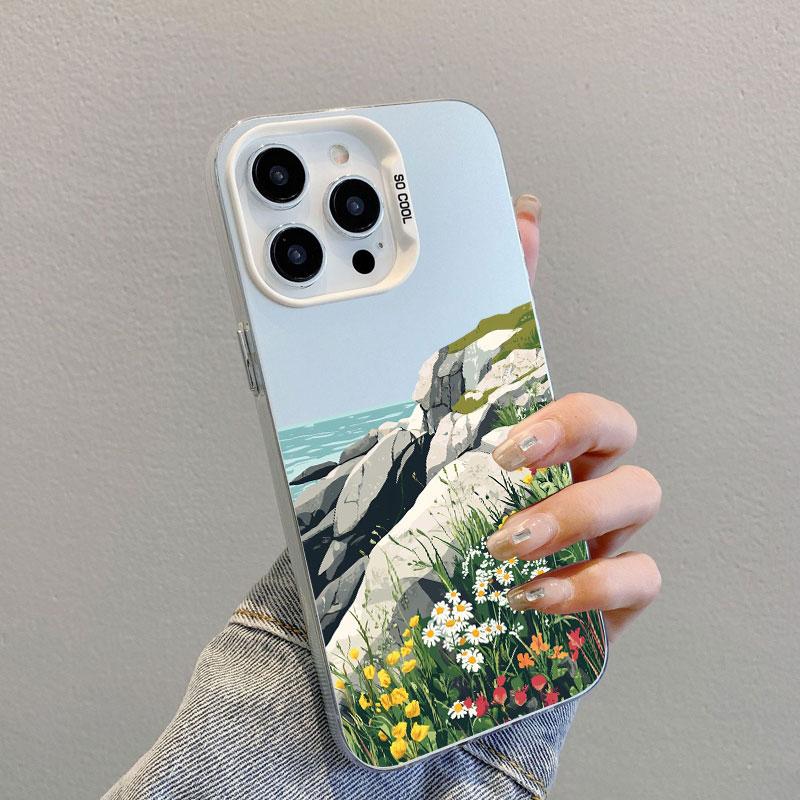 Mountains And Plains Fresh Flowers Laser Phone Case For iPhone 14 15 16 Pro Max Plus 13 Mini 11 12 Pro Max Shockproof Back Cover