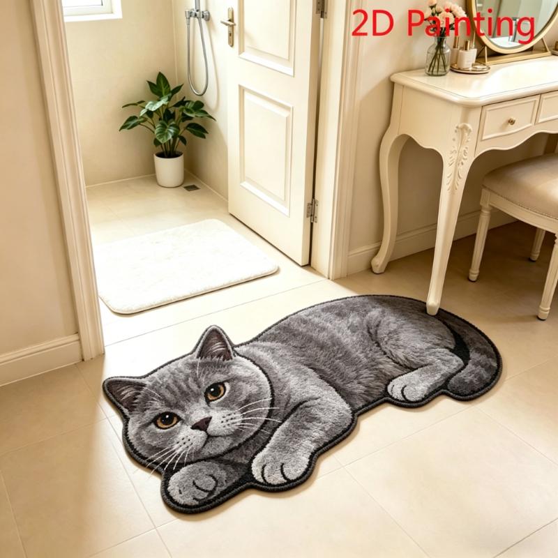 Cute Cat Alien Pattern Rug Anti-slip Water-absorbing Bathroom Floor Mat Bedroom Entrance Rug Home Decoration