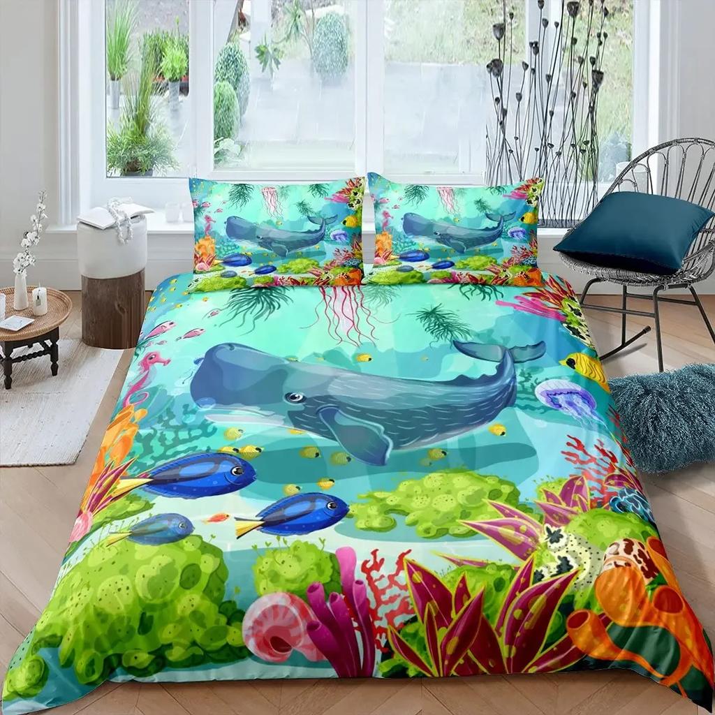 Cartoon Octopus Bedding Set King/Queen Size,Ocean Underwater World Duvet Cover Kids Sea Coral Fish 2/3pcs Polyester Quilt Cover