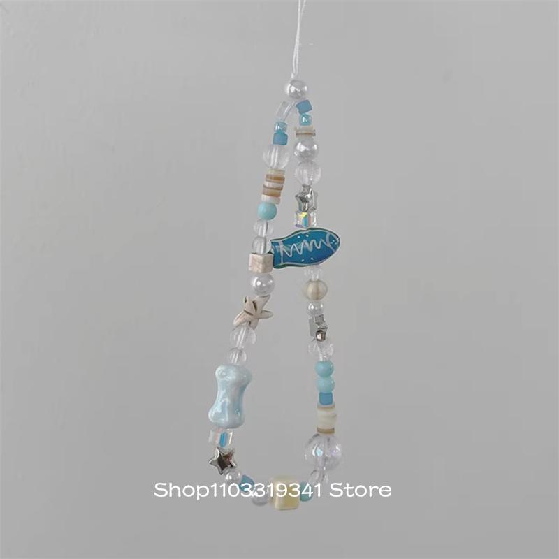 

Cute 3D Blue Fish Beaded Phone Chain For Phone Case Charm Strap Wrist Trendy Pendant For iPhone Samsung Universal Accessories