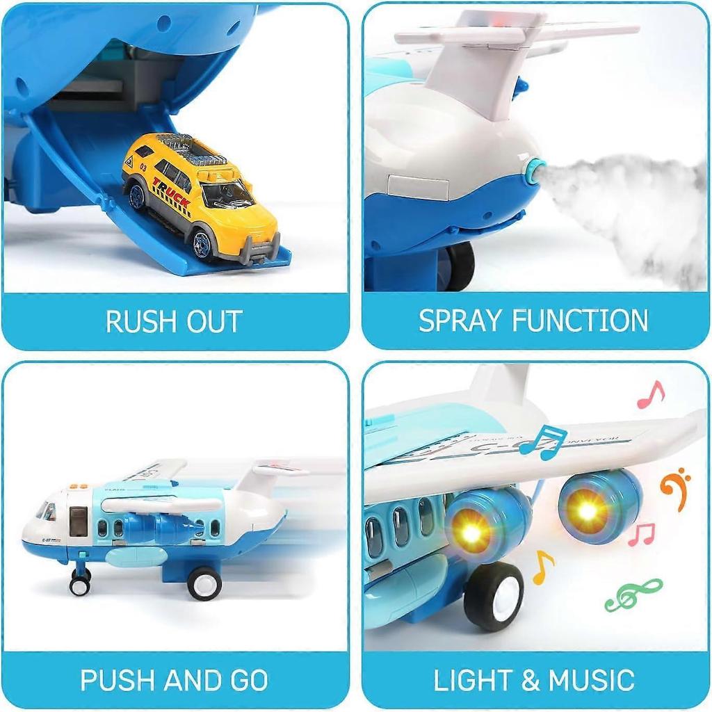 CUTE STONE Toy Airplane with Smoke, Lights & Sounds, Friction Powered Plane Toy with Mini Cars for Kids, Great Christ Gift for Boys and Girls