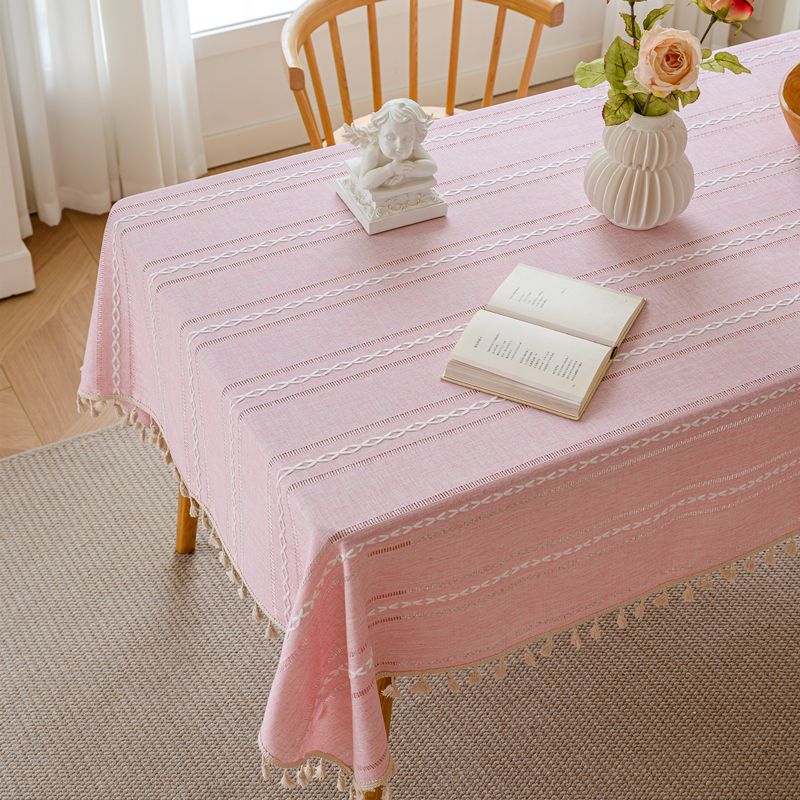 

Lace French Style Retro Tassel Cotton Linen Fabric Tablecloth Rectangular Minimalist Modern Fresh Flower Embroidery Decorative Tablecloth Mocha Stripes pink 90*90cm