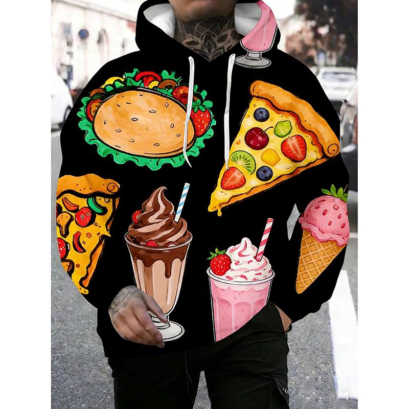 3D Print Hamburgers Pizza Fried Chicken Pattern Hoodie Food Festival Street Personality Hooded Coat Men's Unique Funny Hoodies