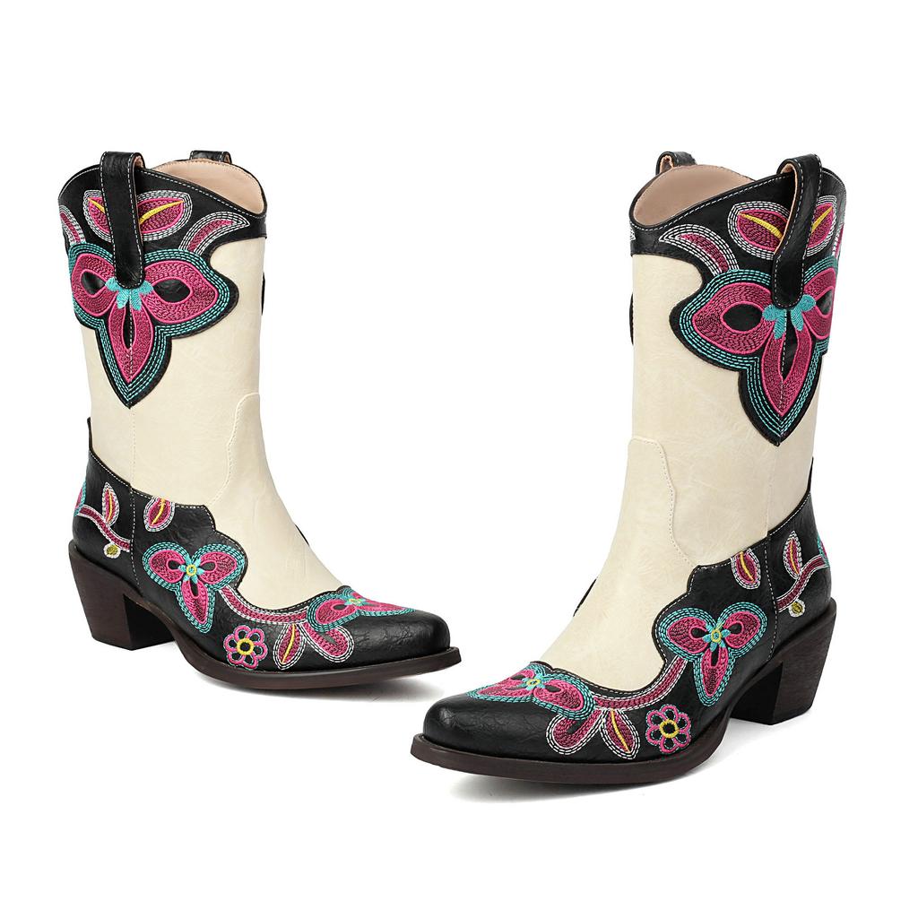 Embroidered Floral Cowboy Western Boots Women's Cowgirls Ankle Boots Comfy Chunky Med Heels Shoes 2024 Autumn Winter