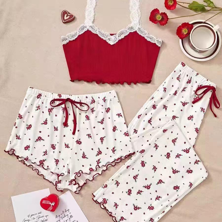 Damen Pfirsich Herz Süßes Sommer Dreiteiliges Pyjama-Set - Kindliches Spaghettiträger Sexy Loungewear