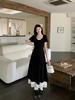 Plus Size Square Neck Elegant Tea Dress, Waist-Cinched, Summer Slimming Long Skirt