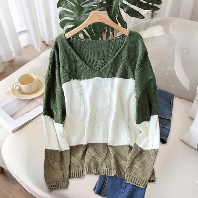 New Color-blocked V-neck Sexy Top Oversized Loose Early Autumn Sweater