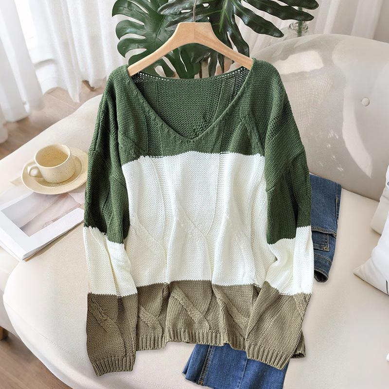 New Color-blocked V-neck Sexy Top Oversized Loose Early Autumn Sweater