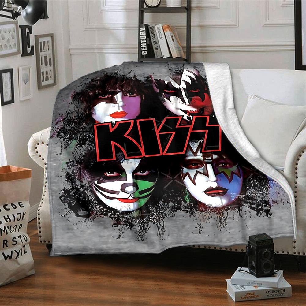 Kiss Band Poster Art Flannel Blanket Super Soft Warm Cozy Blanket For Sofa Bed Office Travel Allseason Home Decor Gift