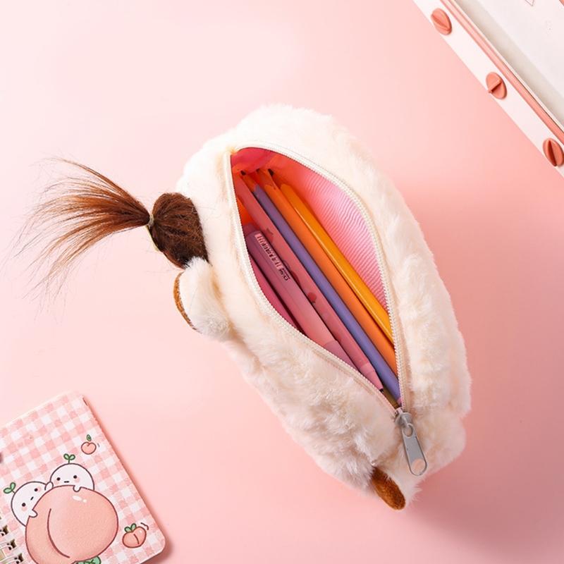 Cartoon Plush Pen Bag Big Capacity Pencil Case, Plush Stationeries Bag Pen Case Zippered Pen Bag Gift for Student Kid