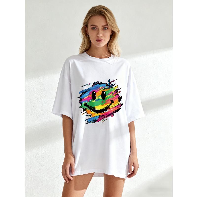 Oversized T Shirt Black Rainbow Smile Face Print Casual Wear For Women Summer Streetwear Fashion Top