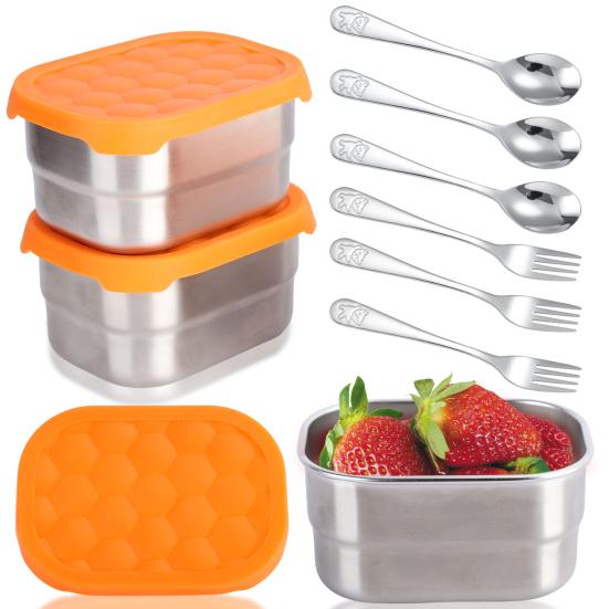 

Stainless Steel Snack Containers Cutlery Set for Kids, Leak Proof Food Containers with Silicone Lids, Child and Toddler Safe Flatware (Includes 3 1 Set