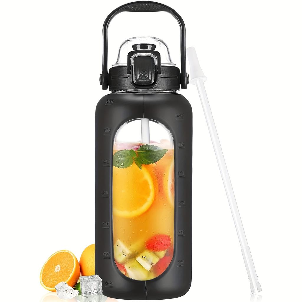 64oz Skleněné láhve na vodu se slámkou a víčkem Půlgalonová láhev na vodu s časovým značením Nepropustné skleněné láhve na vodu se silikonovým pouzdrem