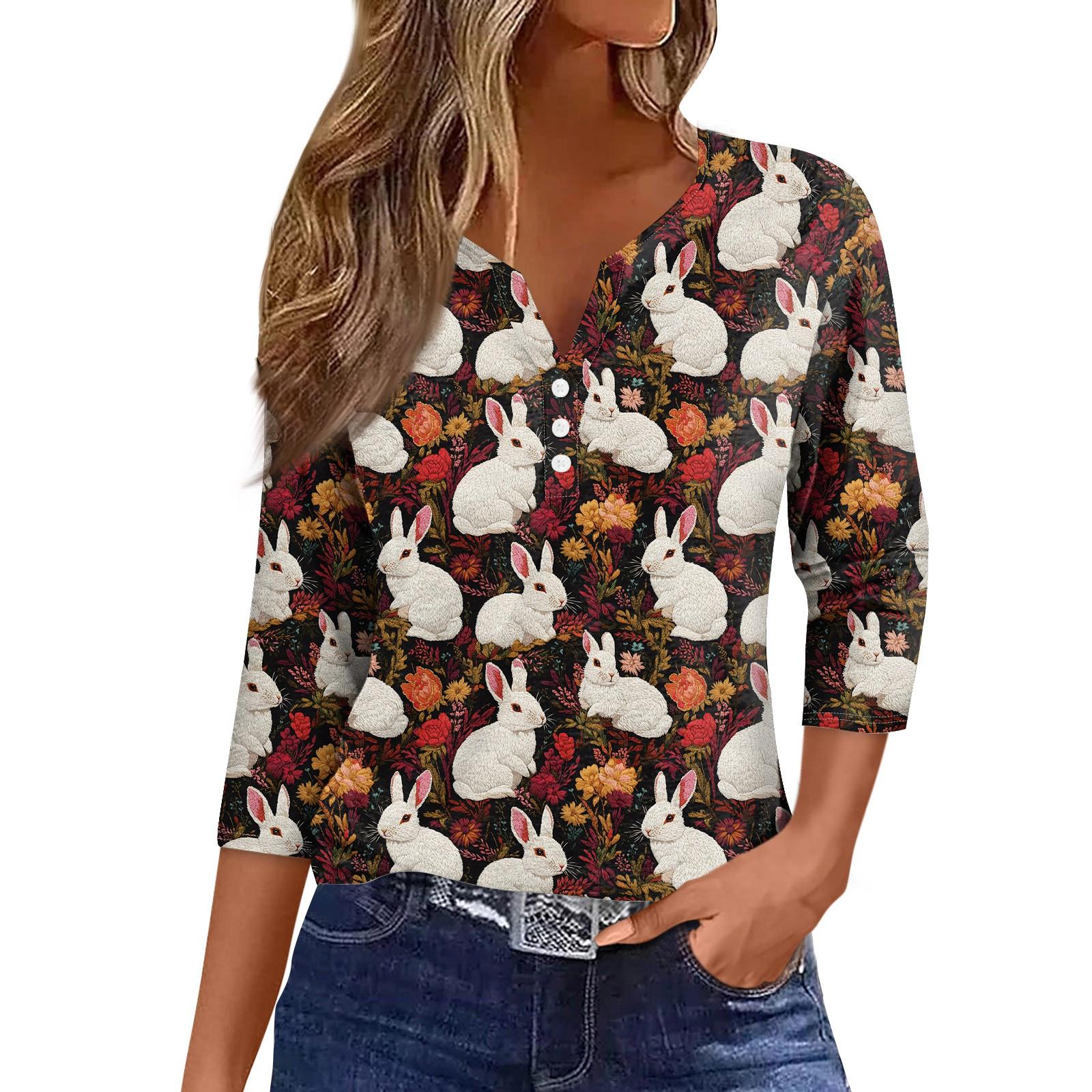 

Жіночий вільний повсякденний топ з принтом, з рукавами сім чвертей та V-подібним вирізом, з рукавами сім чвертей та V-подібним вирізом L винний