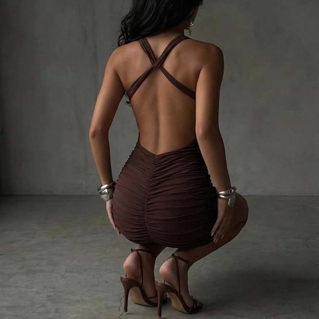 Europe and the United States hot-selling women's clothing new pure desire sexy low-cut backless pleated slim hip-wrapped dress women
