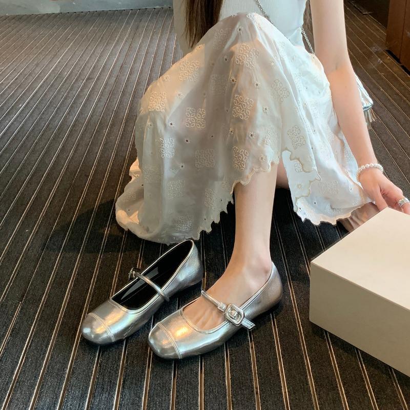 Sheepskin Version~ Genuine Leather Silver Light Mouth with Flat Bottom Inner Height Increase Mary Jane Single Shoes Women's Small Leather Shoes