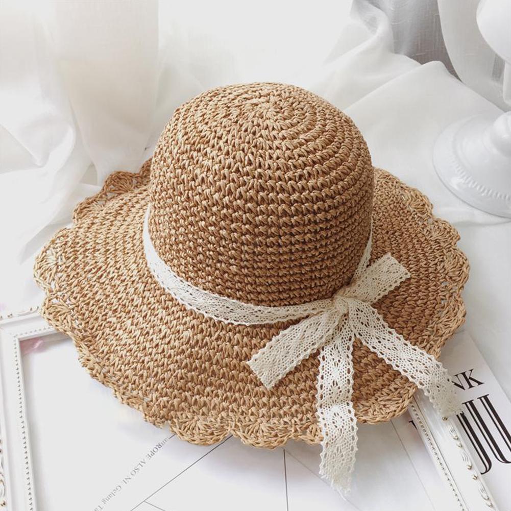 Women Summer Straw Hat Hand Crocheted Bowknot Folding Beach Hat