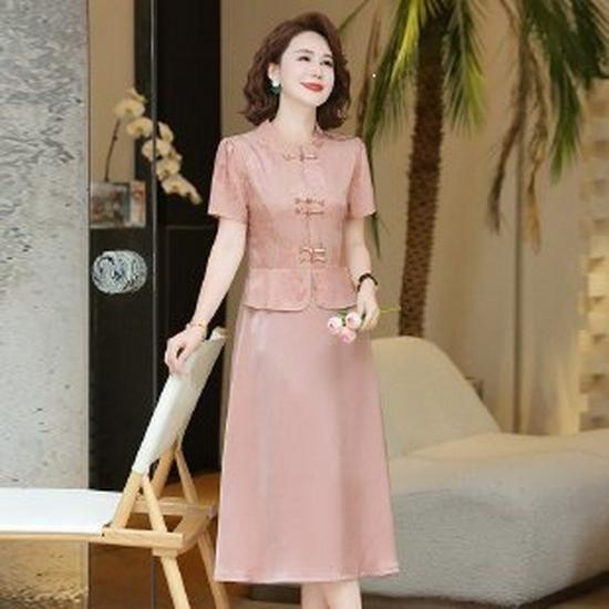 

Mom s Summer New Chinese-Style Short Sleeve Dress for Middle-Aged and Elderly Women, Loose and Fashionable Belly-Covering Skirt. 2XL розовый