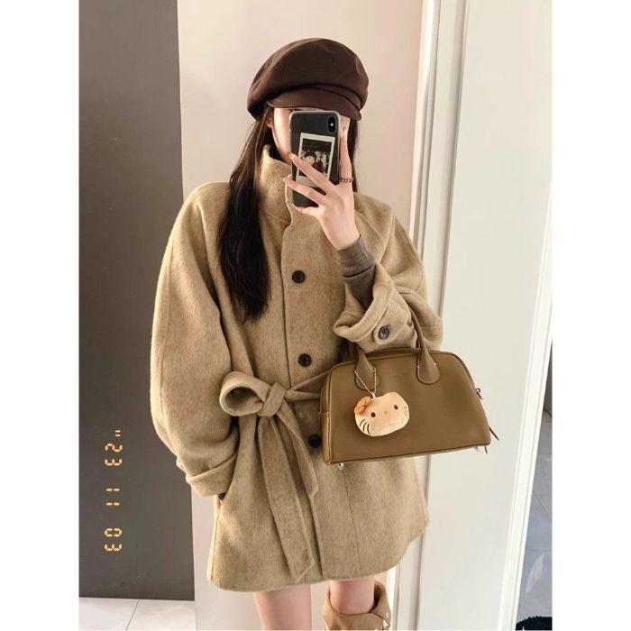 

Women s Short Wool Coat with Stand Collar - 2025 Autumn/Winter Korean Petite Lazy Style XL хаки