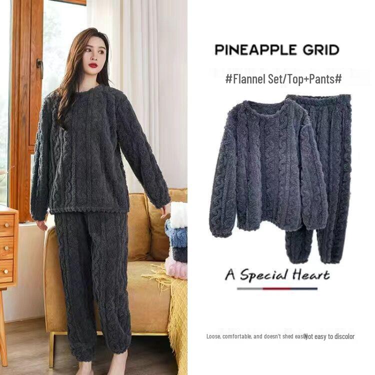 Winter 2023 Solid Color Jacquard Pajamas Set - Women's Thick Warm Loungewear for Couples
