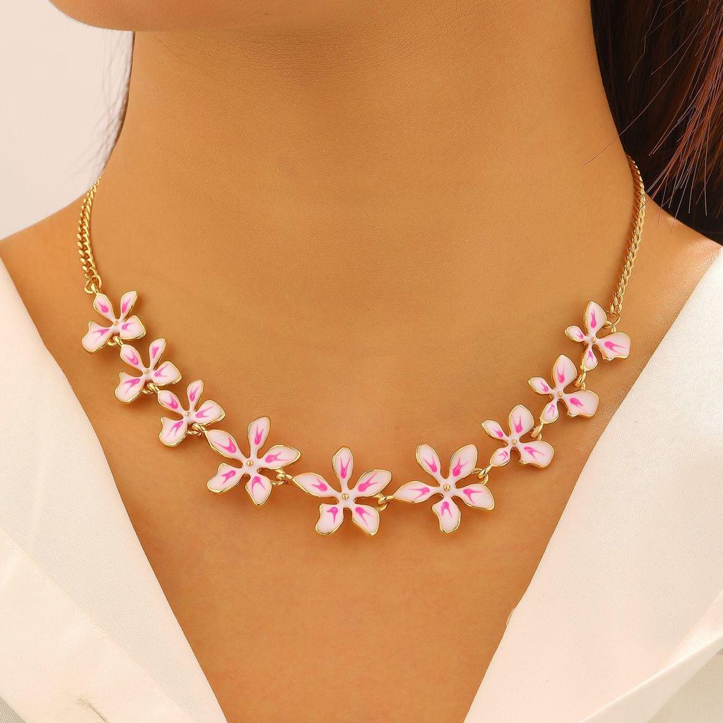 Colorful Geometric Enamel Flower Necklace & Bracelet Set for Women