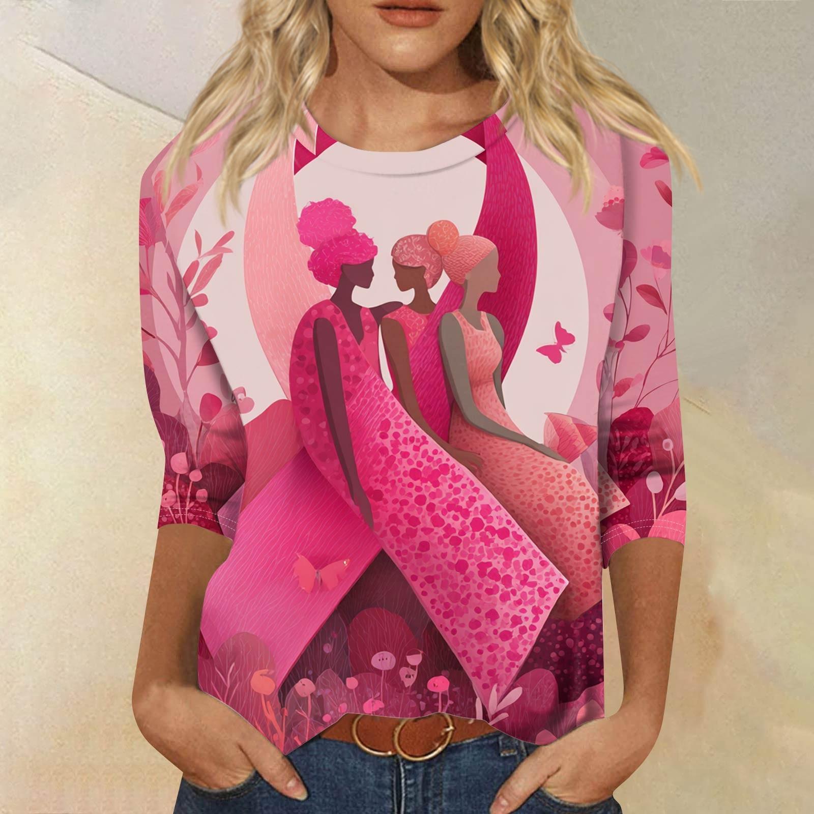 

Women s Fashion Casual Seven Split Sleeve Printed Loose Round Neck Top M рожевий