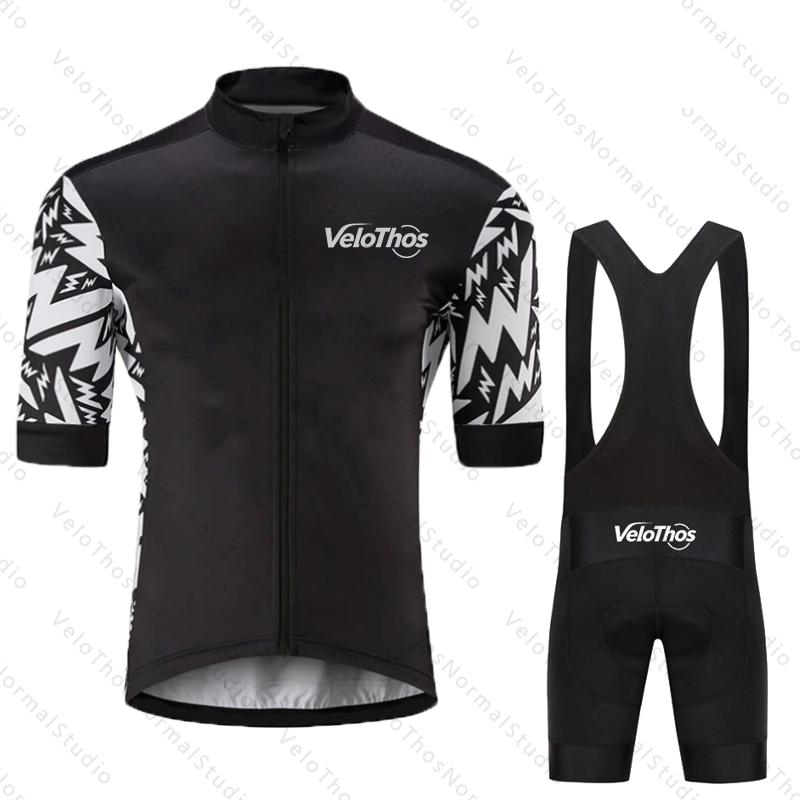 VeloThos Summer Cycling Jersey Set Short Sleeve and Bib Shorts Sport Camping Pro Race Bicycle Clothing MTB Ropa Maillot for Men