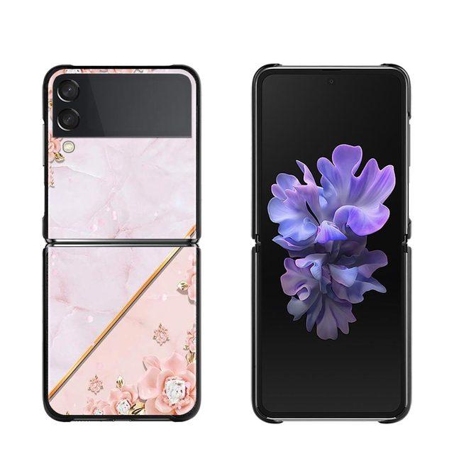 Phone Case For Samsung Galaxy Z Flip3 5g Back Cases For Samsung Z Flip Capa Black Shell Fundas Rose Pink Purple Bling Pattern