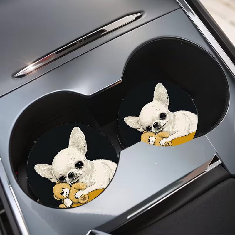 

2PCS Car Water Cup Mat Cute Dog Cup Mat Circular Universal Anti slip Shock Absorbent Creative Automotive Interior