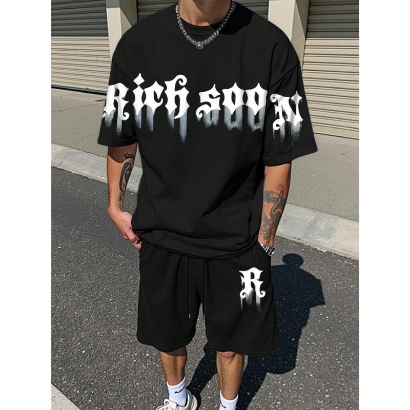 

Summer Men s Short-Sleeved Shorts Set with 3D Letter Pattern Printing - Street Casual Fashion Comfortable and Soft S