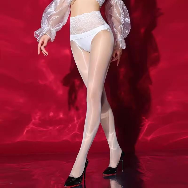 Lace Low Waist Sexy Hosiery Open Crotch Oil Shiny Patchwork Pantyhose 1D Naked Feeling Pole Dance Party Tights For Women