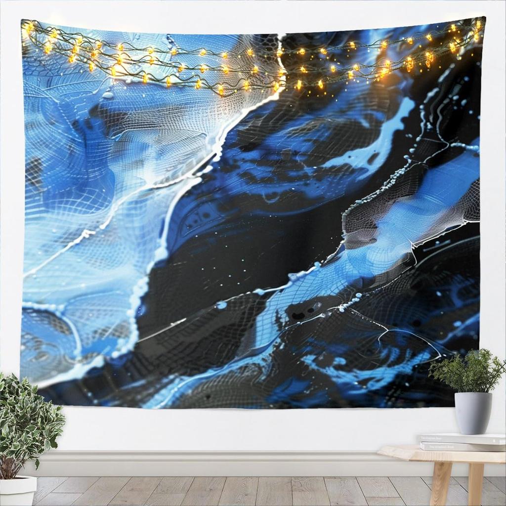 Blue Gold Marble Tapestry, Luxury Ocean Wave Wall Hanging with Golden Veins for Bedroom, Living Room & Aesthetic Home Decor