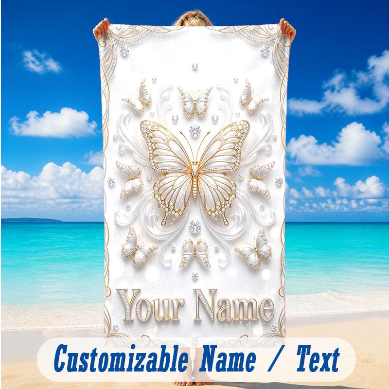 Butterfly Theme Beach Towel Personalized Custom Name & Text Soft Quick Dry Beach Towel for Swimming Travel