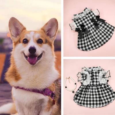 Dog Dress Round Neck Lace Patchwork Fake Pearls Decor Plaid Print Pet Dog Cat