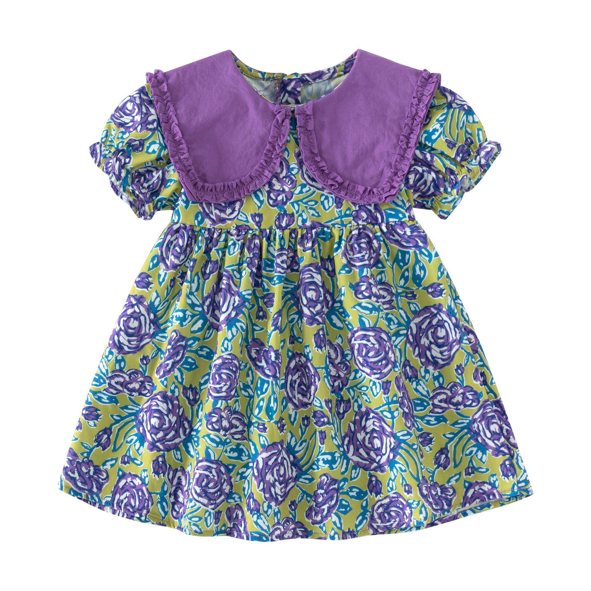 Summer Floral Purple Lapel Dress for Infant Girls - Cute & Stylish Short Sleeve Princess Outfit 80