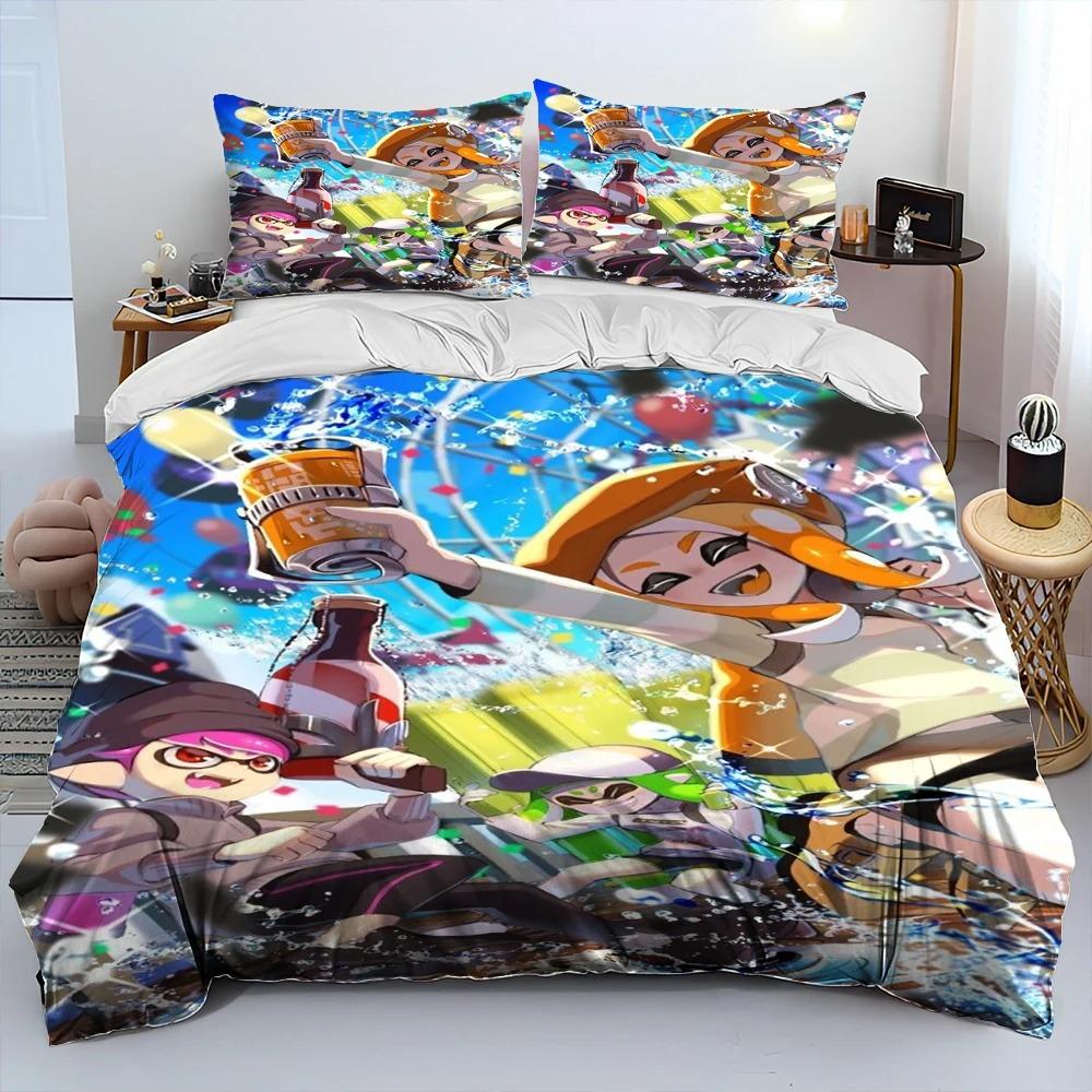 Anime-Themed Splatoon Design Bedding, 3D Digital Print, All-Season Polyester Quilt Cover & 1/2 Pillowcases
