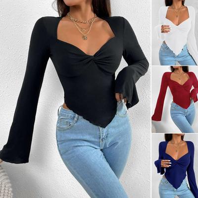 Damen T-Shirt, Urlaubs-V-Ausschnitt, Trompetenärmel, Tailliert, Unregelmäßiges Strickmuster, Langarm-T-Shirt, Oberteil