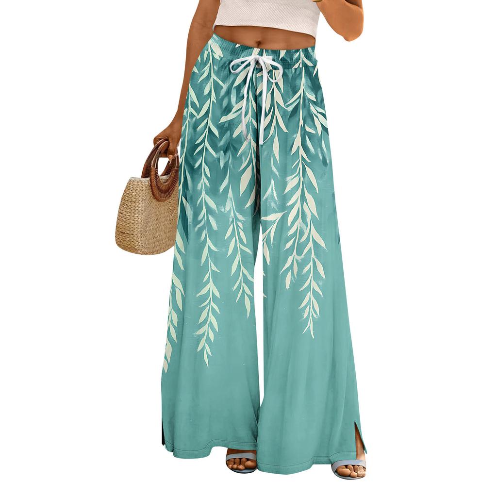 Women Summer Boho Palazzo Pants High Waist Wide Leg Floral Printing Casual Trousers With Pockets
