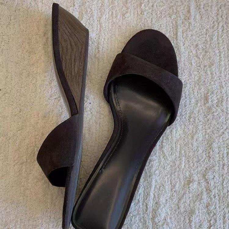 Beautiful wood grain wedge suede one-word slippers for women's summer wear 2025 new French sandals one-and-a-half-word slippers