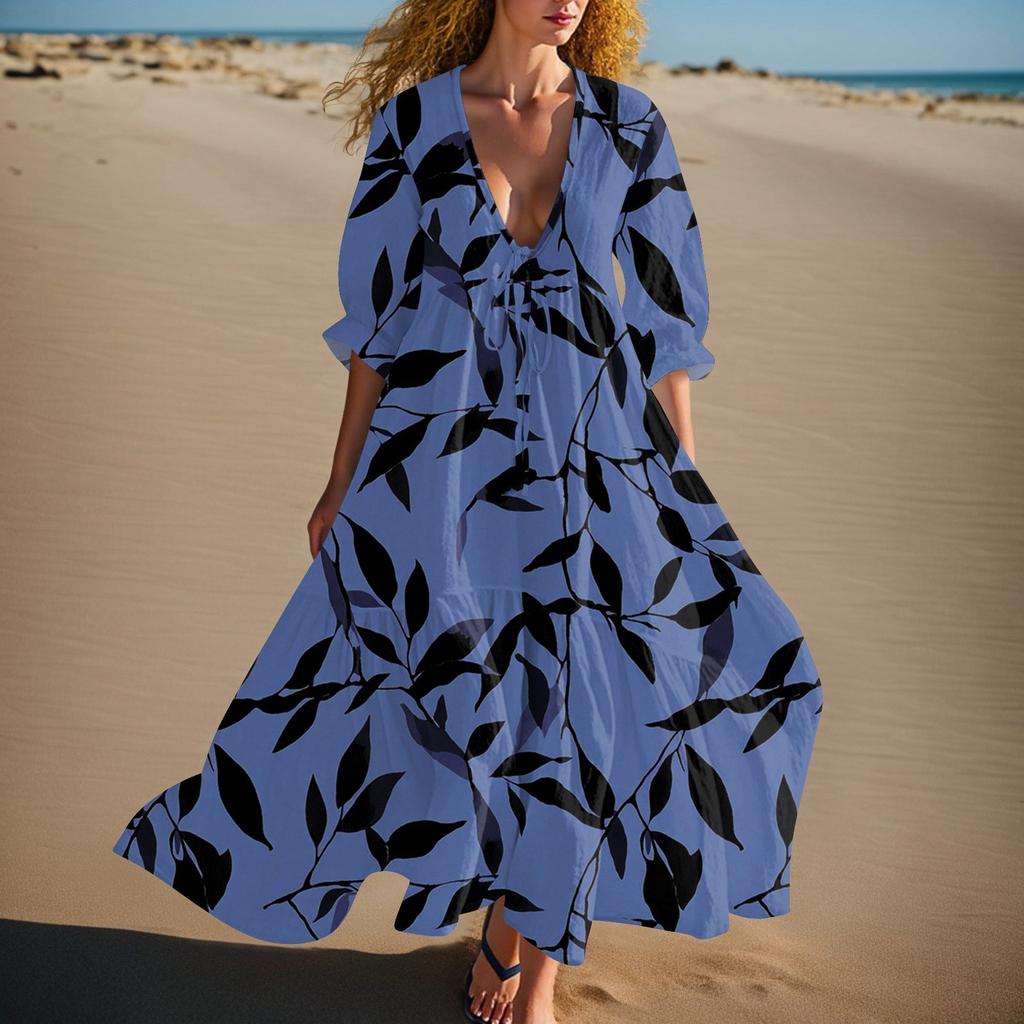 Women's Summer Fashion V-neck Retro Floral Print Short Sleeved Beach Dress With Lace Patchwork Dress