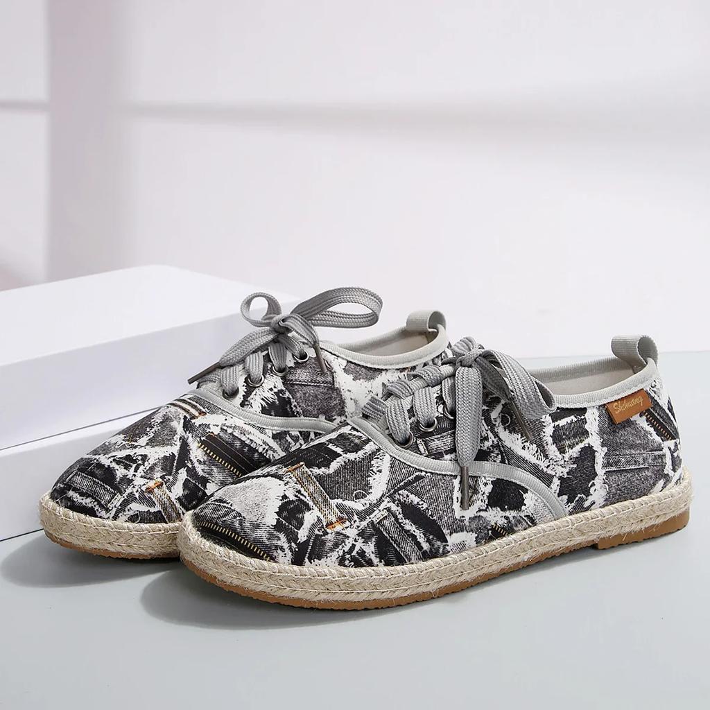 Fashion Breathable Linen Casual Flat Shoes Woman Espadrilles Loafers Ladies Comfy Houndstooth Print Canvas Zapatos Soft Driving Footwear