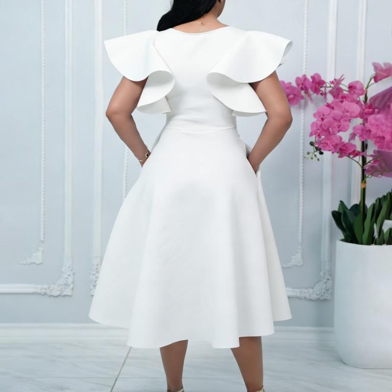 Womens Elegant Ruffle Sleeve Waist Tie A Line Midi Evening Dress