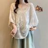 Summer Women's Loose Casual White Lace Blouse with Floral Patterns O-Neck Hook Flower Hollow Out Short Sleeved Lace Top