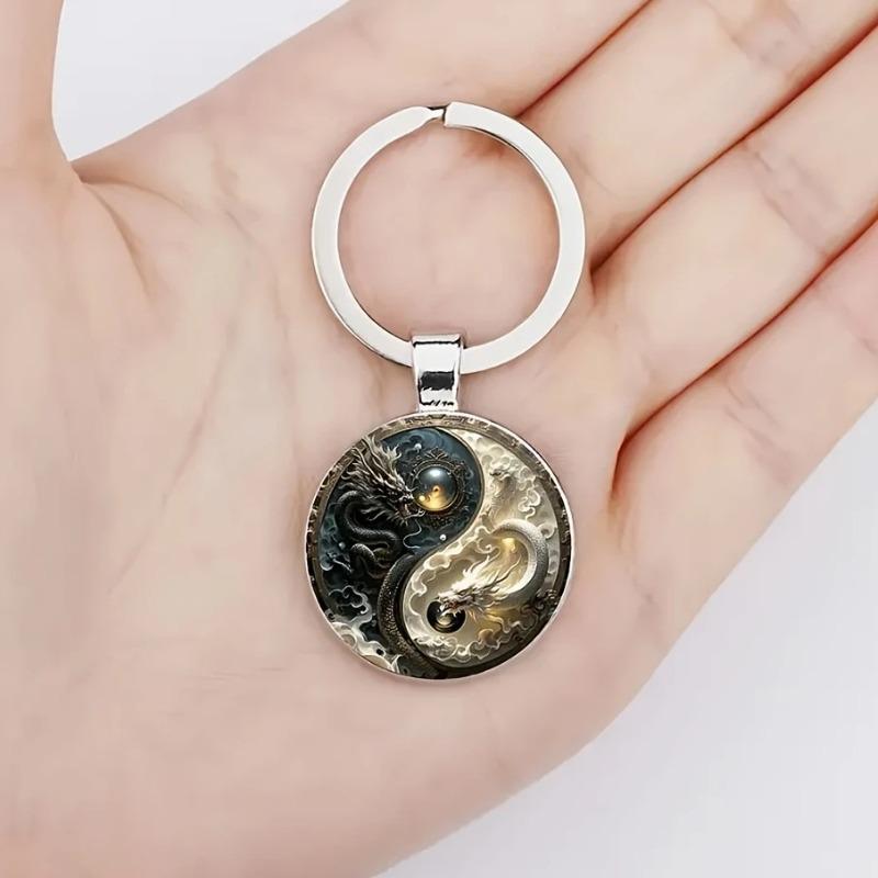 Yinyang Dragon Keychain - Elegant Alloy Round Pendant, Black and White Dragon Design, Ornament